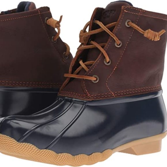 SPERRY Top Sider Saltwater Duck Waterproof Boots 91175 Navy+ Brown Leather 8.5 - Picture 1 of 14